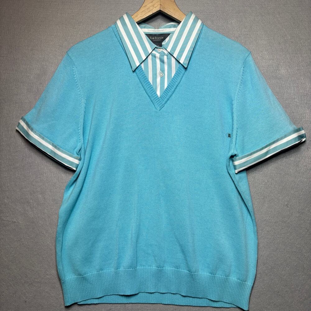 Van Heusen V-Neck Layered Sweater Shirt Combo XL Built‎ In Striped Collar Preppy